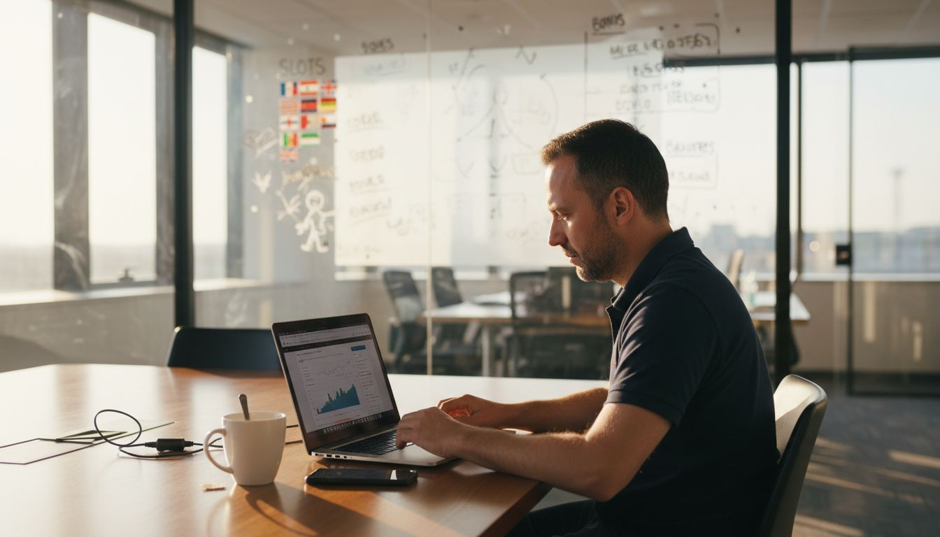 Manager reviewing multilingual SEO analytics in office