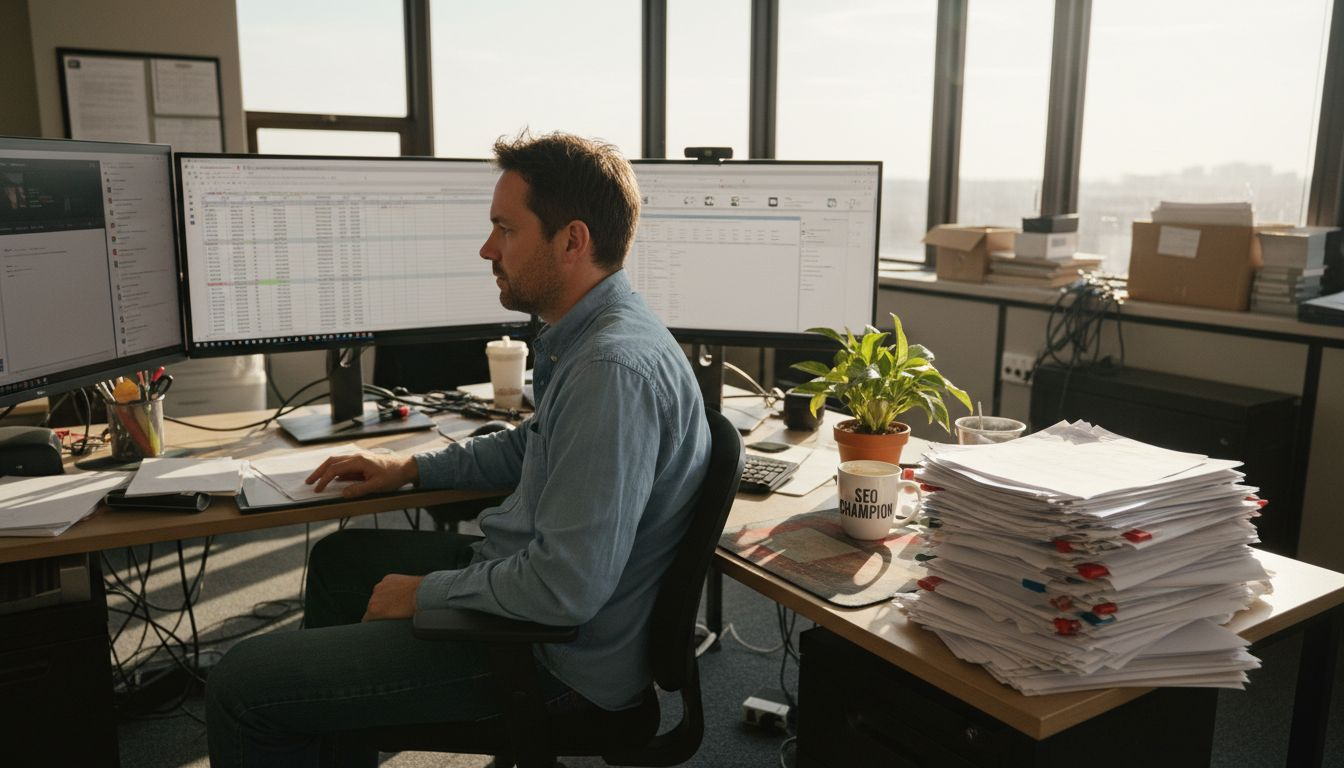 Marketer reviews SEO spreadsheet in casino office