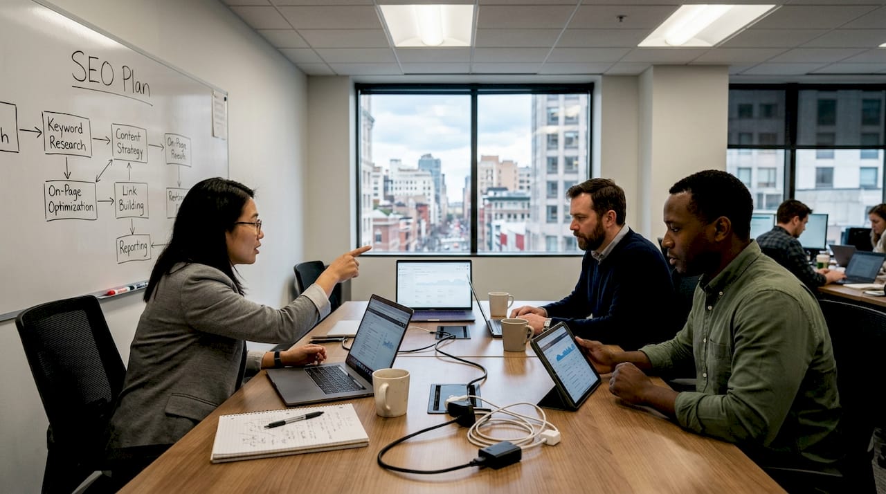 1774162310575_Marketing-team-plans-SEO-in-office-setting Marketing team plans SEO in office setting