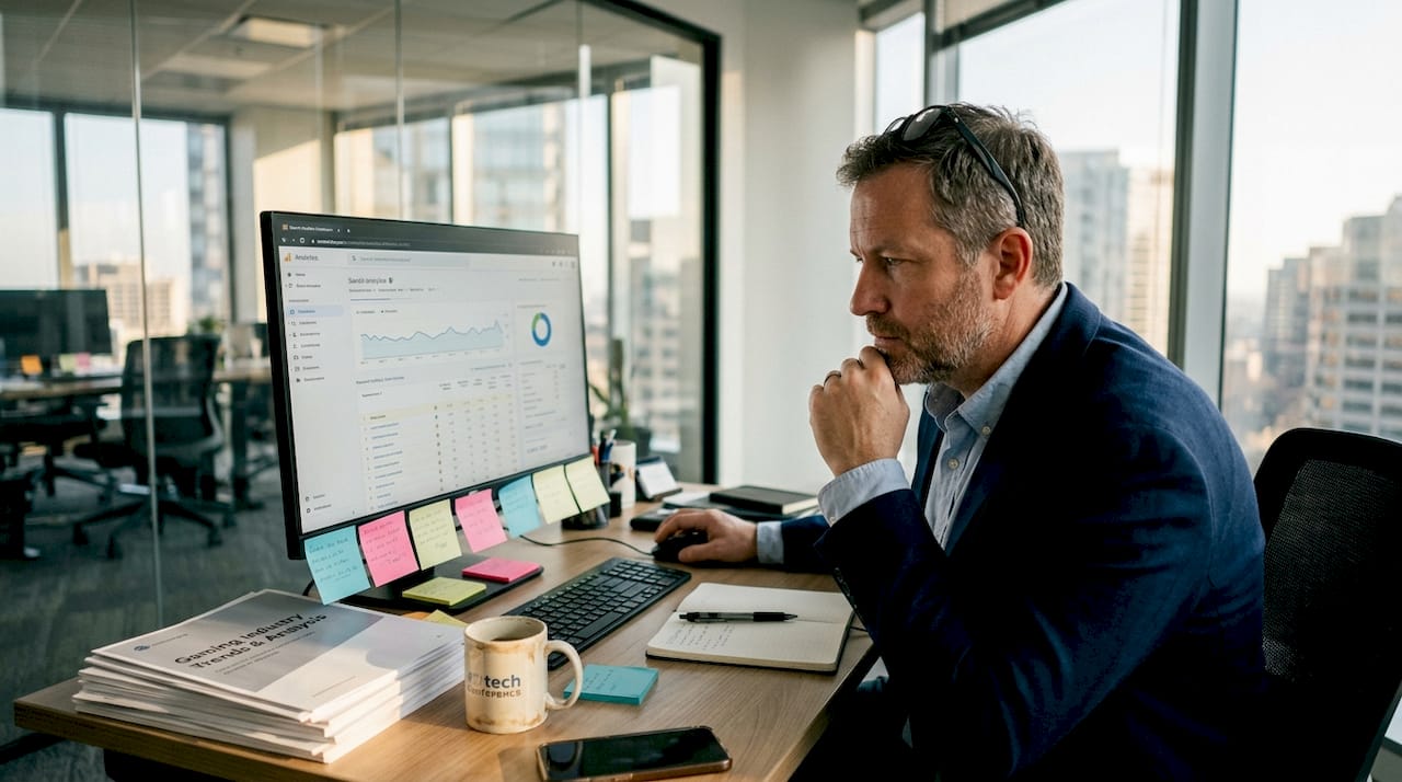 1775371939005_Marketer-reviewing-iGaming-SEO-analytics-reports Marketer reviewing iGaming SEO analytics reports