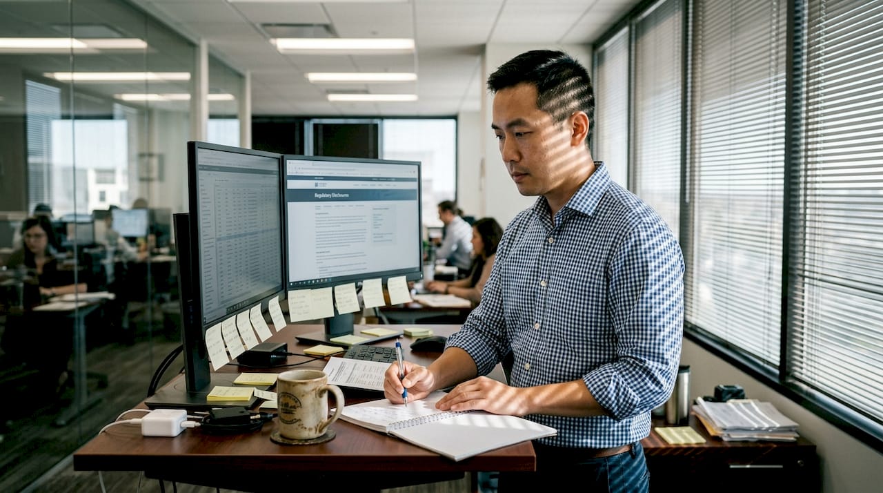 Compliance manager reviewing SEO audit checklist