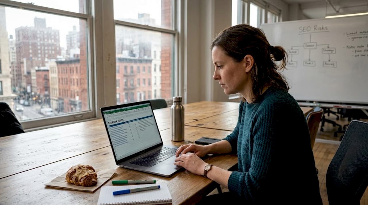 SEO manager reviewing backlink report at shared workspace