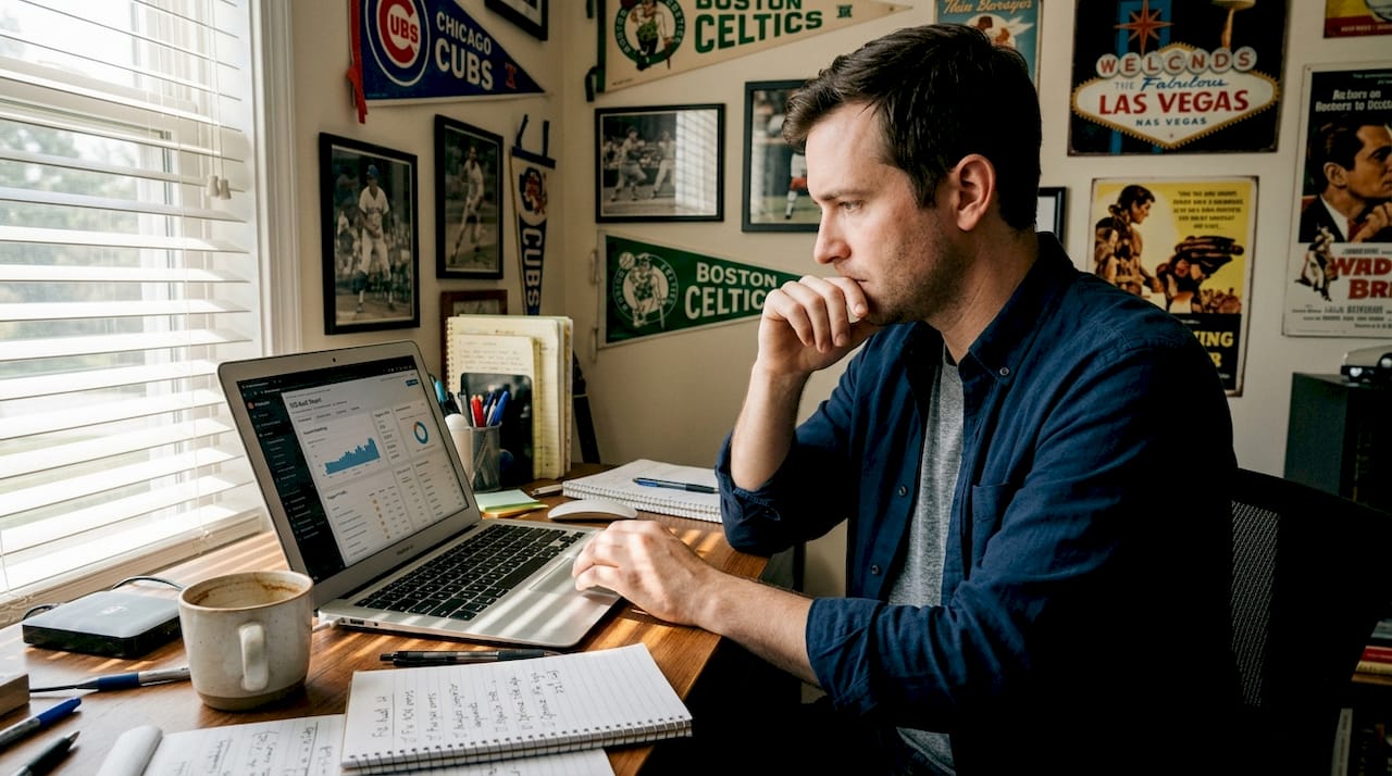 Man reviewing SEO dashboard in home office