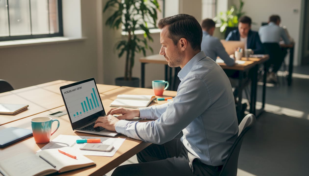 SEO specialist reviewing betting backlink audit